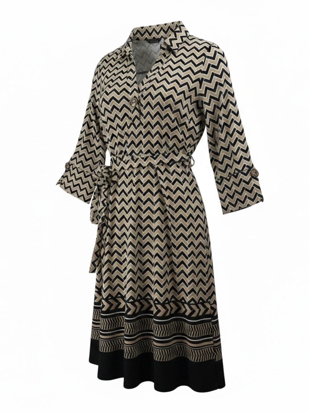Mlle Gabrielle Beige and Black Chevron print XL long sleeve dress
